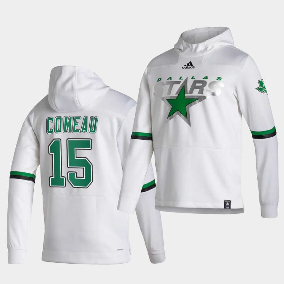 Men Dallas Stars 15 Comeau White NHL 2021 Adidas Pullover Hoodie Jersey